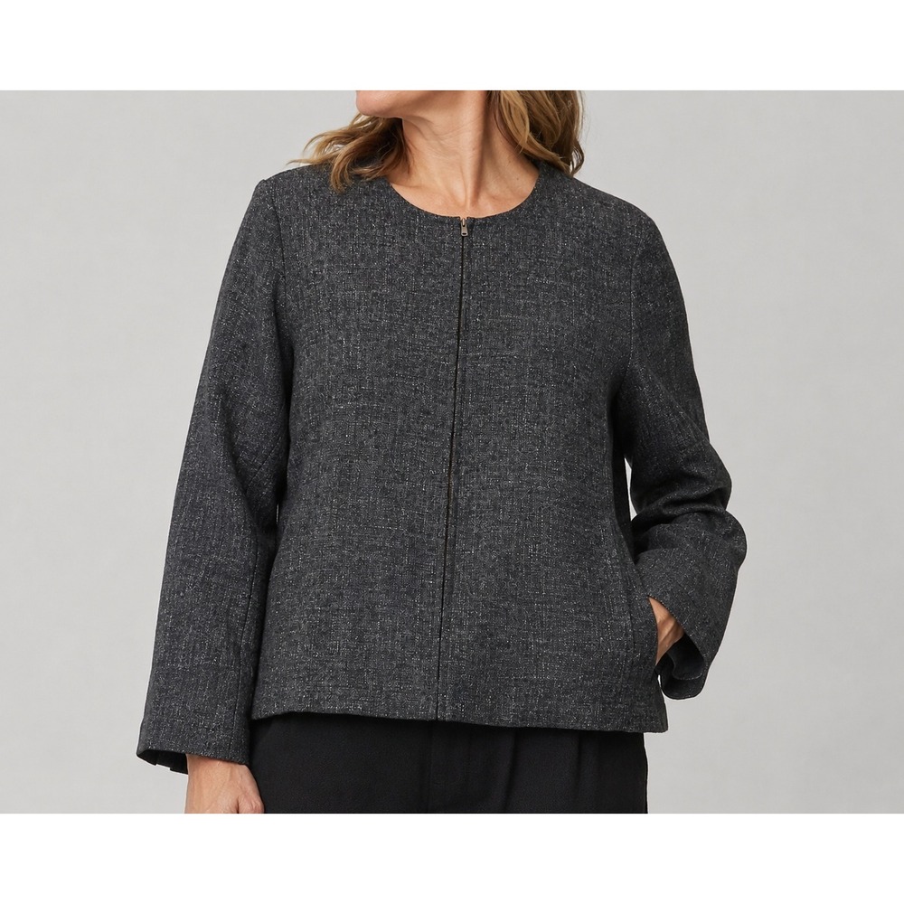 Eileen Fisher Wool Hemp Jacket Womens L Gray Zip Front Designer Career Lagenlook